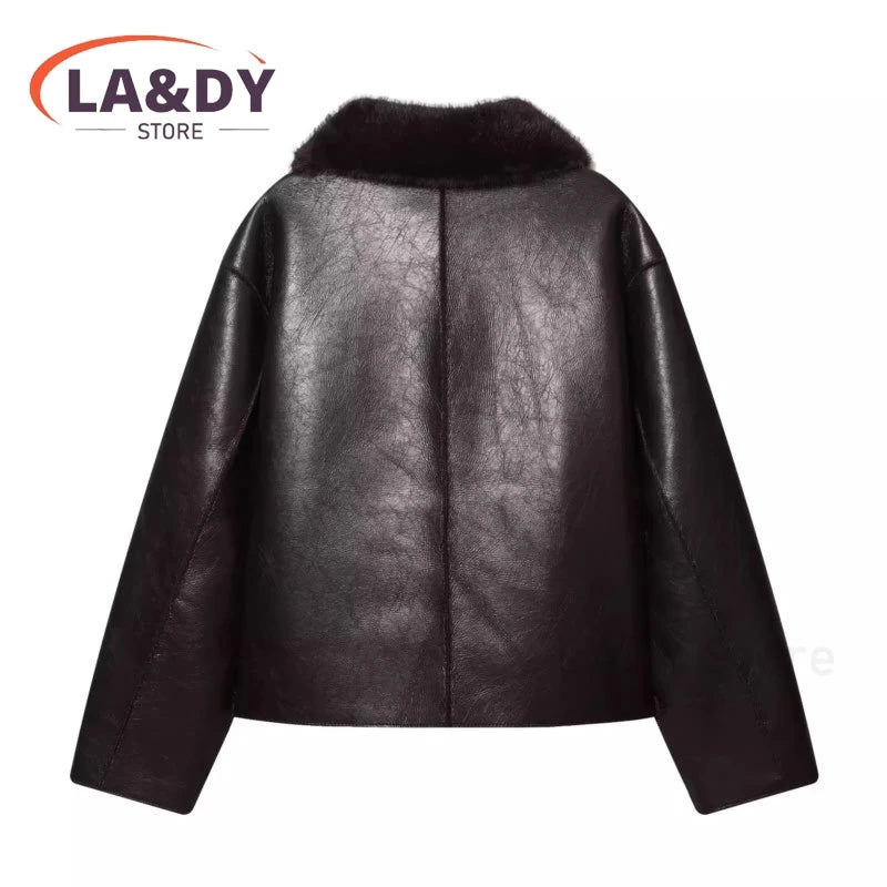 Faux Fur Leather Jacket Coat Women 2026 New Fashion Casual Two Sides Wear Solid Single Breasted Long Sleeve Female Outwear Tops