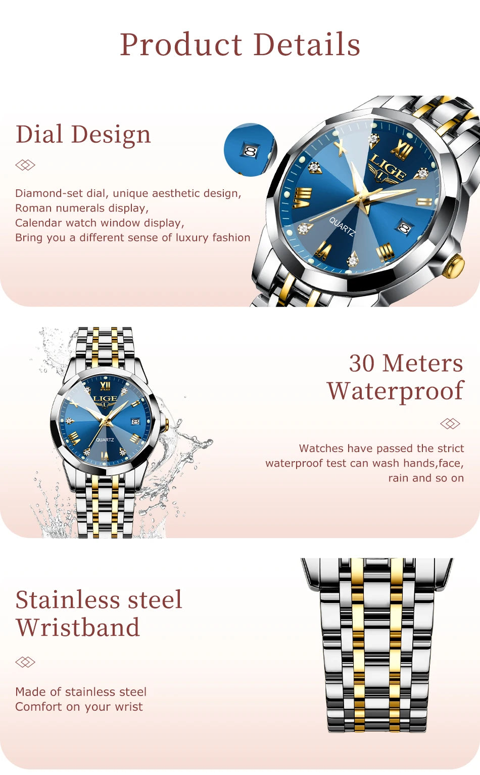 LIGE 2026 Women's Watch Luxury Gift quartz wristwatch Waterproof Calendar Stainless Steel Ladies Luminous Clock montre femme+BOX