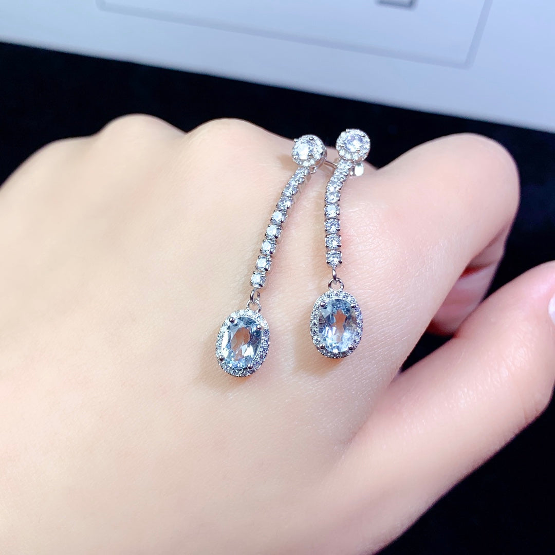 Natural Aquamarine Earrings Women's Silver 925 earrings Wedding Gems Free Shipping Earrings Sterling Certified Jewelry