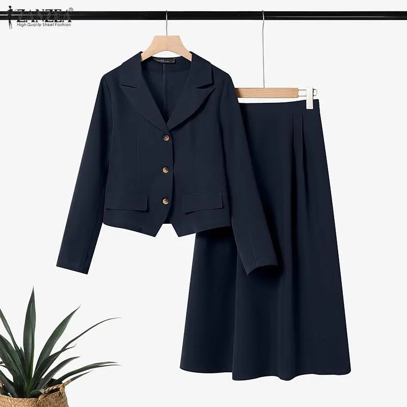 ZANZEA Elegant Women 2 Piece Skirt Suits Peak Lapel Long Sleeve Short Blazer and A-Line Midi Skirt 2pcs Sets 2026 Spring Outfits