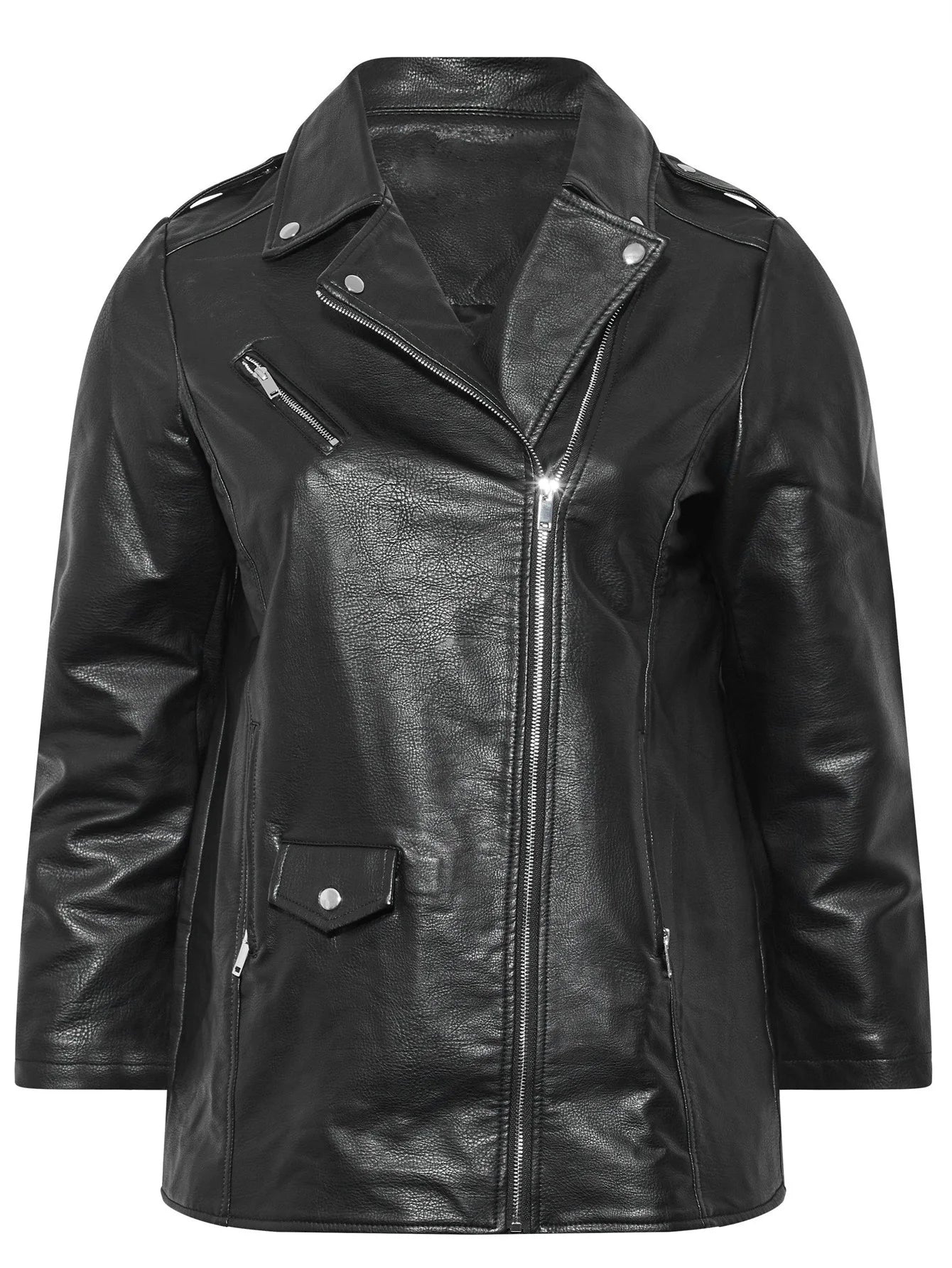 Plus Size PU Leather Zipper Jacket, Casual Long Sleeve Lapel Jacket For Fall, Women's Plus Size Clothing