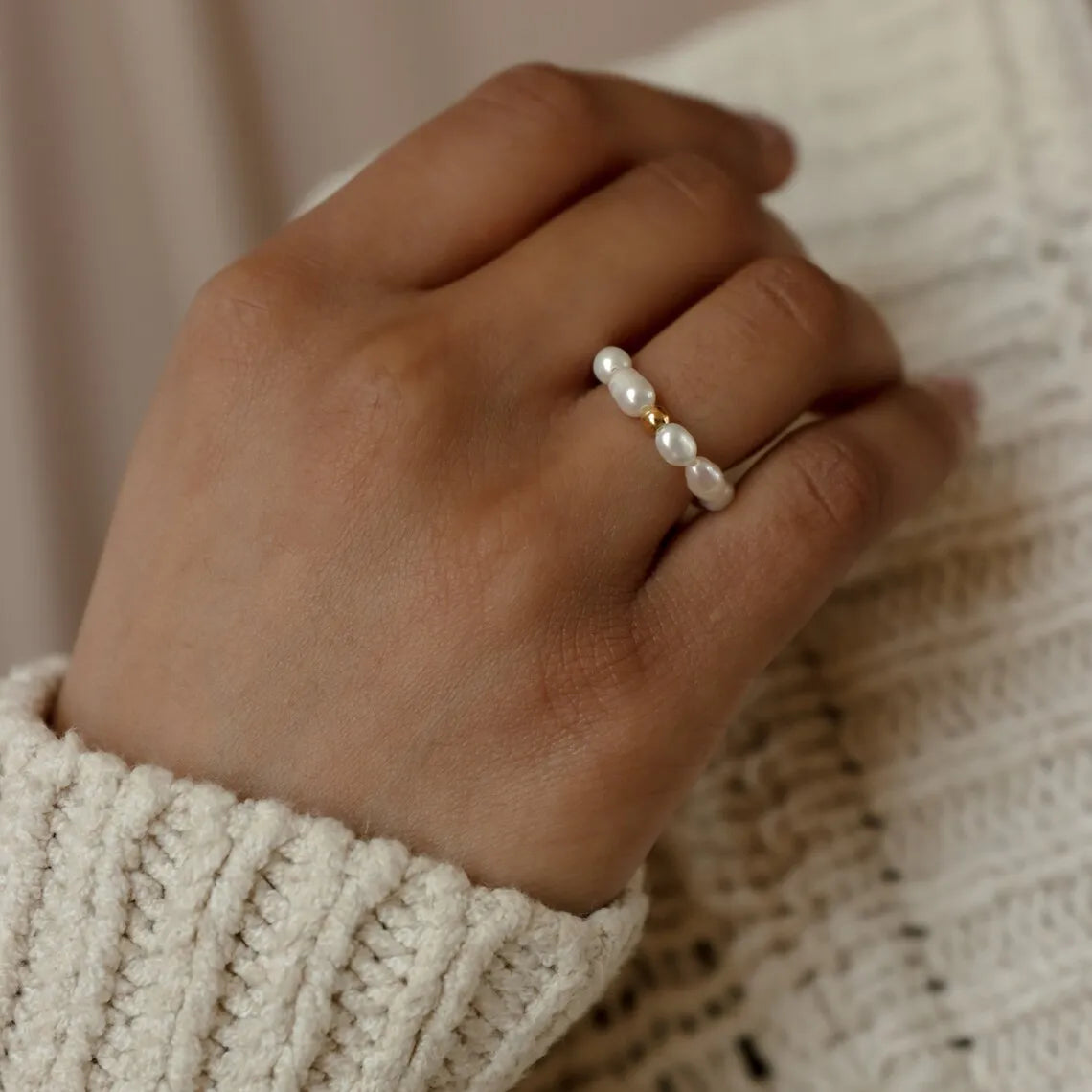 eManco Delicate Minimalist Imitation Pearl Ring Gold Color Beads Stainless Steel for Women Daily Wear & Dating Jewelry