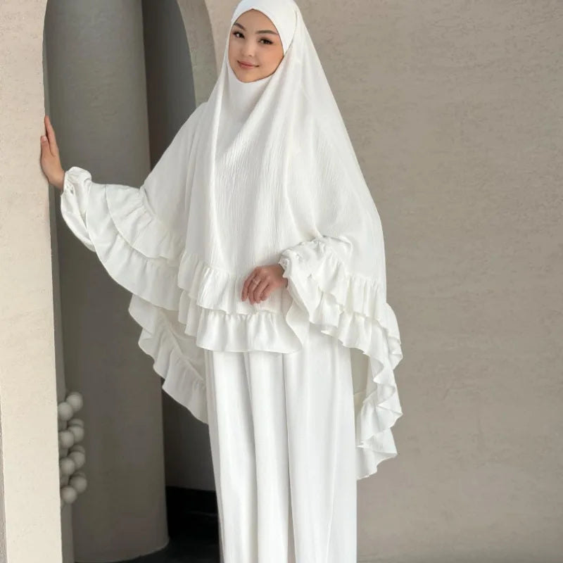 Eid Women Prayer Garment Dress 2 Piece Set Long Khimar Muslim Abaya Dubai Party Dresses Kaftan Robe Longue Vestidos Largos