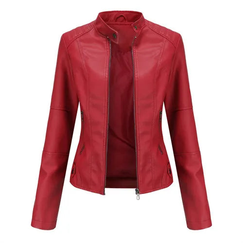 Women's Red PU Jacket, Vertical Collar Zipper Motorcycle Leather Coats,  Fashion Casual Coat Female Outerwear, Black Purple Top.