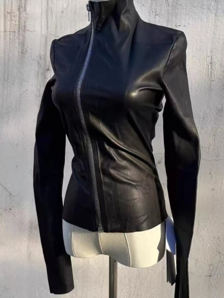 Black Slim Long Sleeve Leather Jacket Women Darkly Gothic Zipper Thin Skinny Coat Female Hepburn Y2k Vintage Clothes Hot Girl