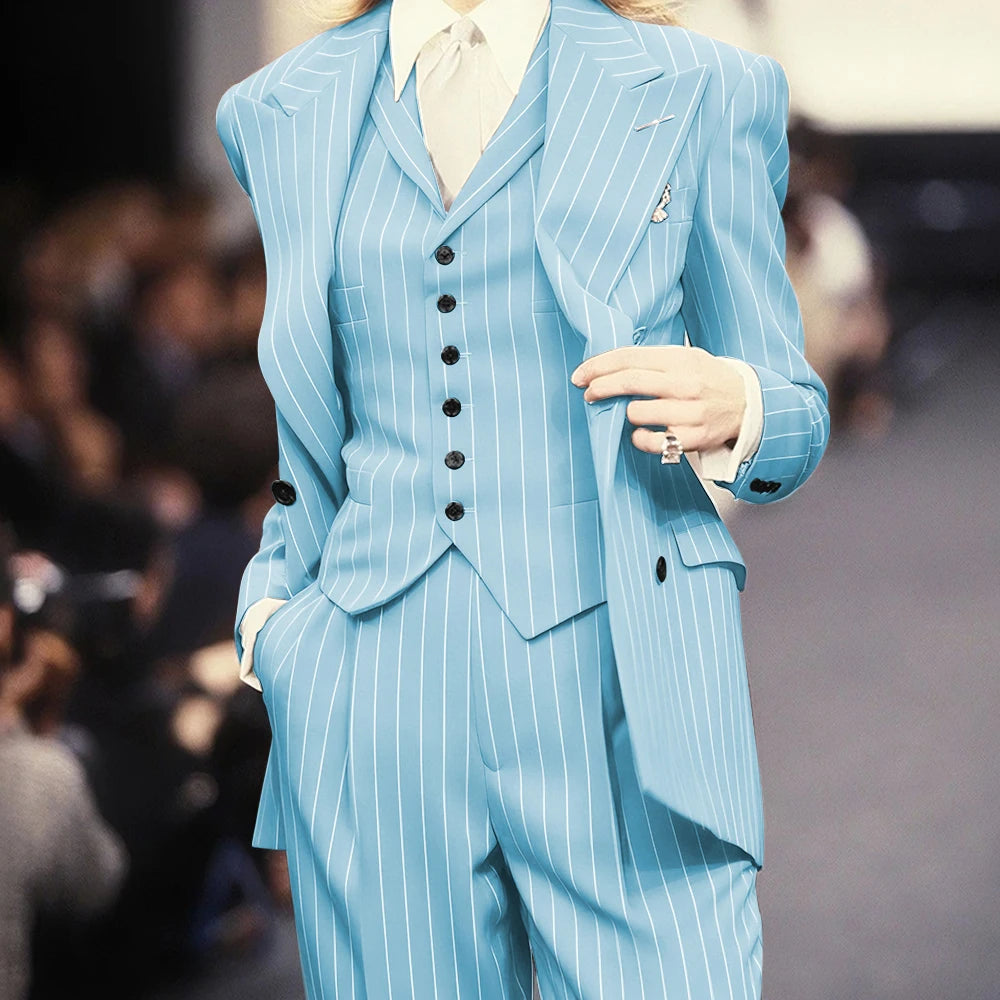 Trending 2025 Brown Striped Women Suit Formal Double-breasted Peaked Lapel 3Pieces (Jacket+Pants+Vest) Business Office Lady Set