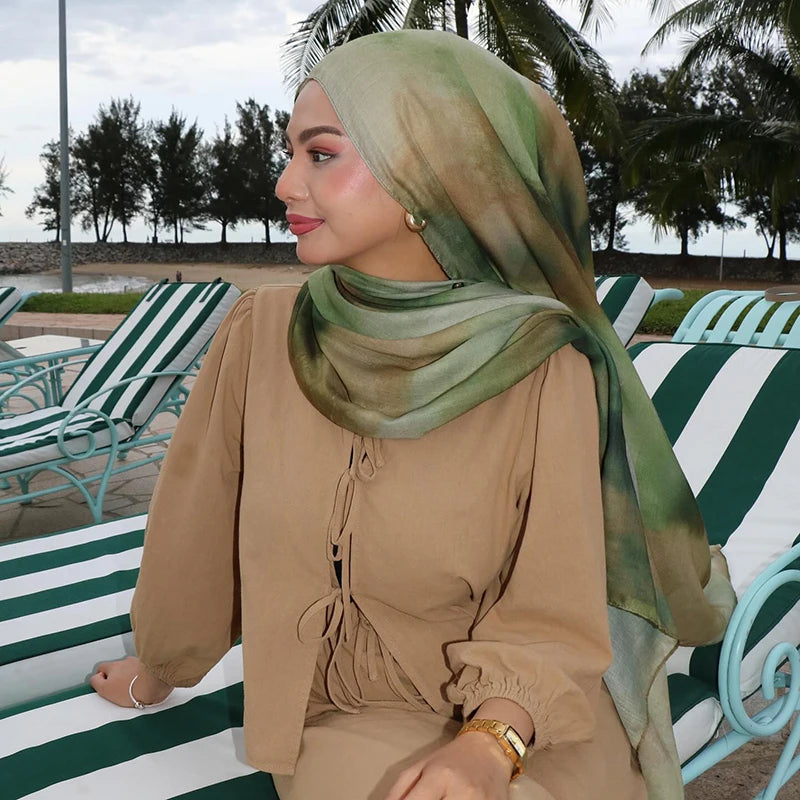 Gradient Green Watercolour Floral Printed Modal Breathable Light Weight Soft Cotton Rayon Viscose Woven Modal Muslim Women Shawl