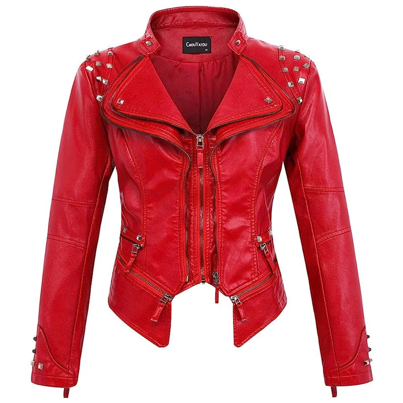 Spring New Style Suit Collar Rivet Waist Short Washed Pu Leather Jacket