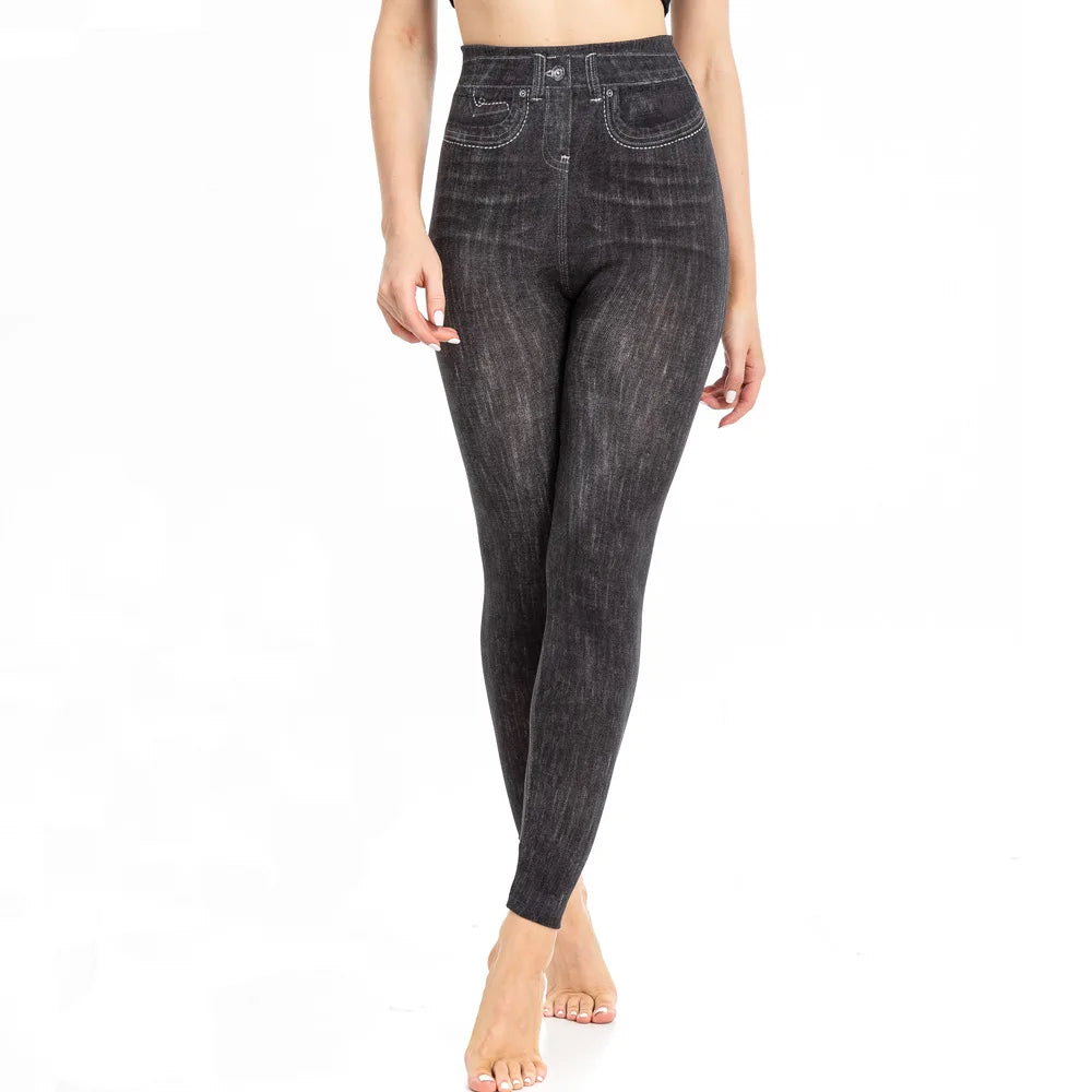 Skinny High Waisted Leggings Women Imitation Jeans Yoga Pants Fashion Printed Elastic Shapewear Fitness Jogging Cycling Tights