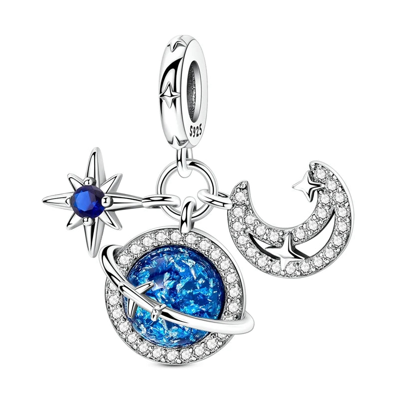 925 Sterling Silver Charm Pendant Star Moon Sun Starry Sky Beaded Charm Fit Original Bracelet DIY Fine Jewelry Making For Women