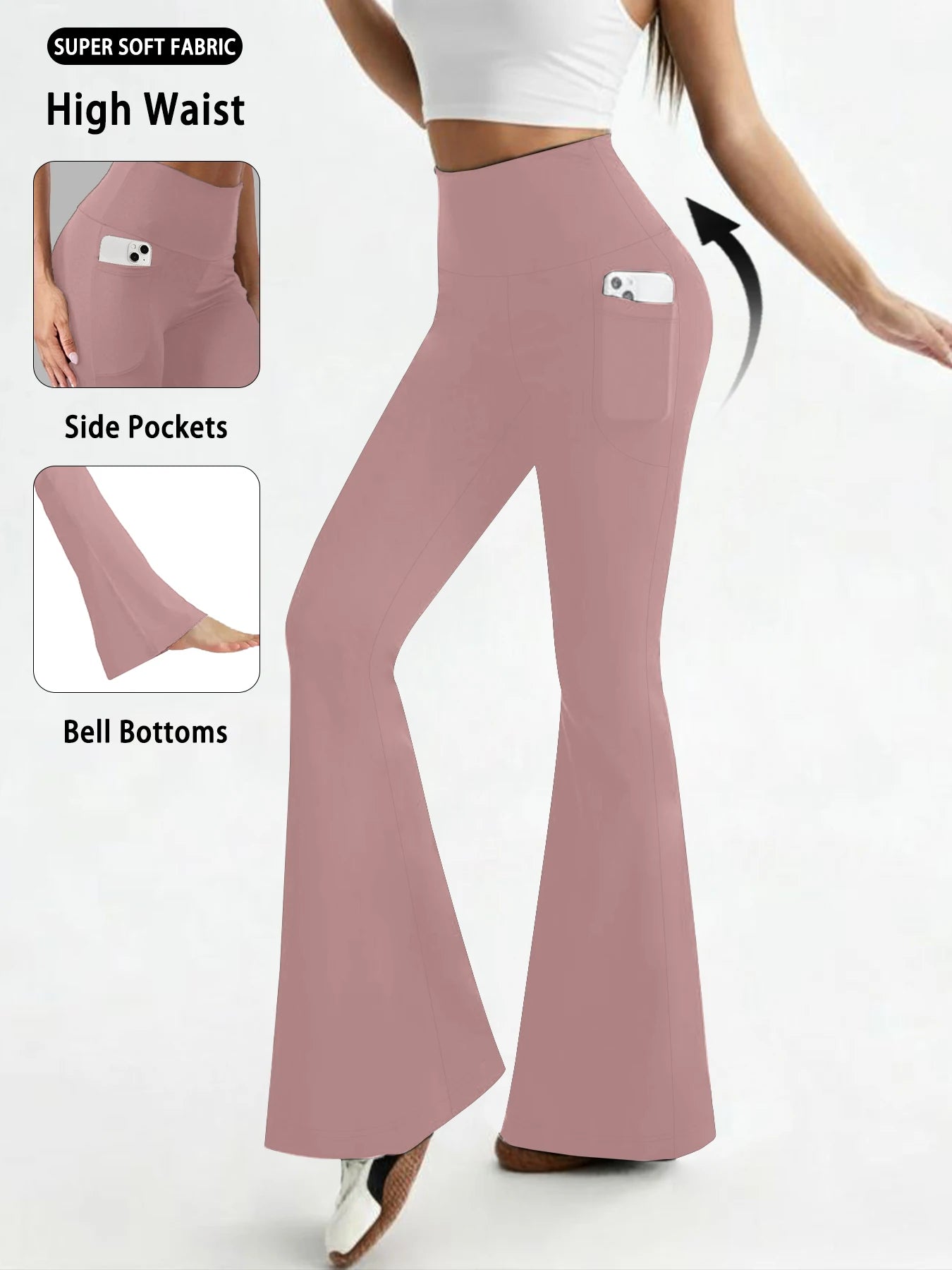 Women's Super Soft Flare Pants with Pockets, High Waisted Tummy Control Workout Yoga Push Up Gym Fitness Leggings Bell Bottoms