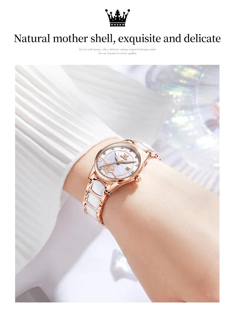 OLEVS 3606 Women's Watch Luxury Quartz Japanese Movement Watch Exquisite Rose Waterproof dial Elegant Ceramic Women's Watch