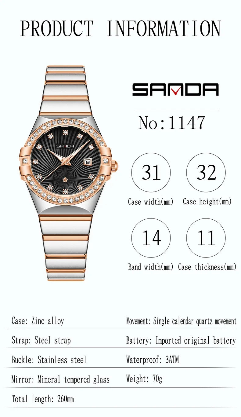 SANDA1147 Luxury Women's Quartz Watch with Mother of Bell Dial and Diamond studded Steel Strip 3ATM Waterproof Fashion Watch -1