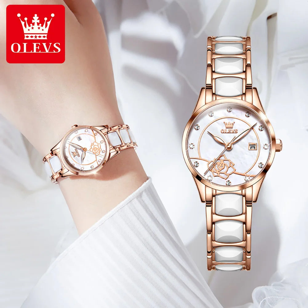 OLEVS 3606 Women's Watch Luxury Quartz Japanese Movement Watch Exquisite Rose Waterproof dial Elegant Ceramic Women's Watch
