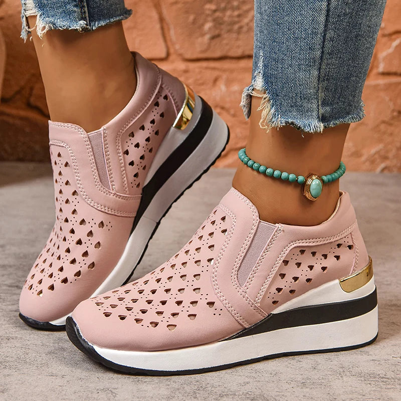 Hollow Out Breathable Wedge Sneakers for Women Lightweight Non Slip Vulcanize Shoes Woman Plus Size Comfort Slip On Casual Shoes