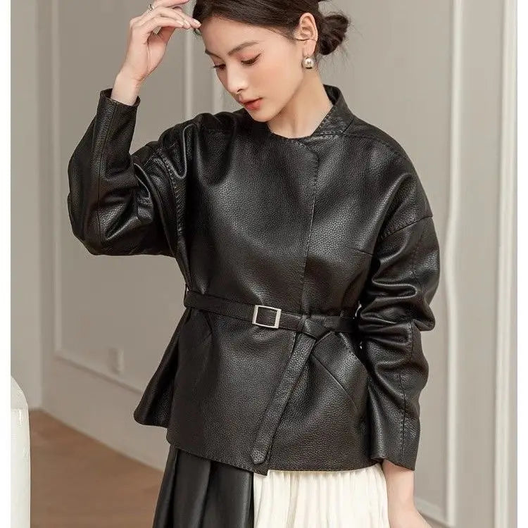 Women's Spring Autumn Leather Jacket Belt Short Tops Zipper Coats Loose Retro Fashion Design Sense Leisure Simple Brand Soft