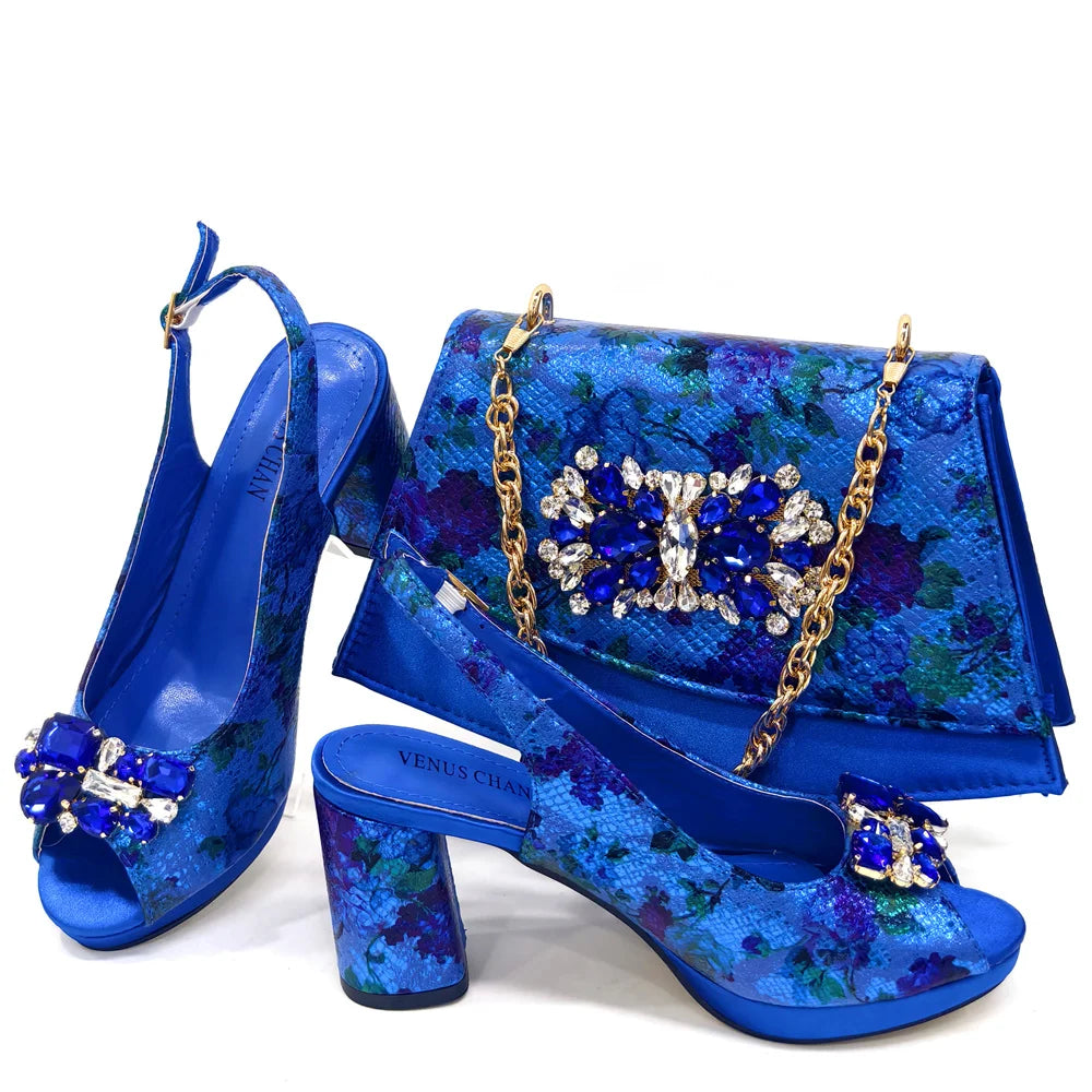 Venus Chan Italian Sandals and Bags Matching Set 2024 Women Heel Party for Gold Colour Wedding Bigger Size Thick Heel Shoes