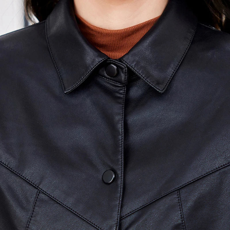 Korean Temperament Faux Leather Jacket Women Spring Autumn Thin Soft Leather Coat Woman Office Lady Single Breasted Lapel Jacket