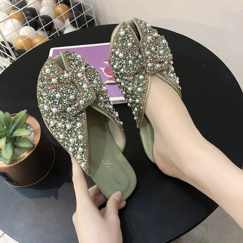 New Summer Women Crystal Slippers 2025 Girls Sweet Bows Bling Slippers Closed Toe Slip On Mules Shoes Casual Slides Flip Flop