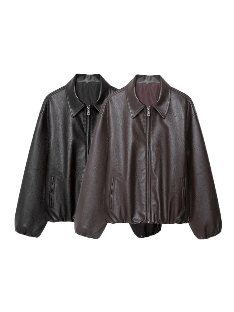 Women's Faux Leather Bomber Jacket Long Sleeve Chic Outerwear Elastic Hem Female Fashion Top