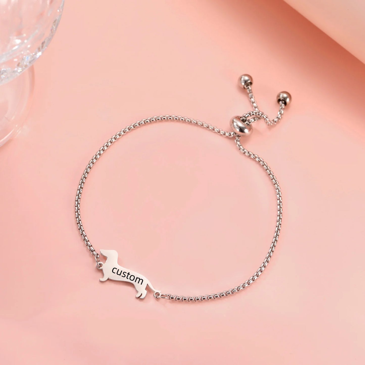 Customized Name Date Sausage Dog Charm Bracelet Stainless Steel Personalized Pet Sausage Dog Bracelet Jewelry Gift