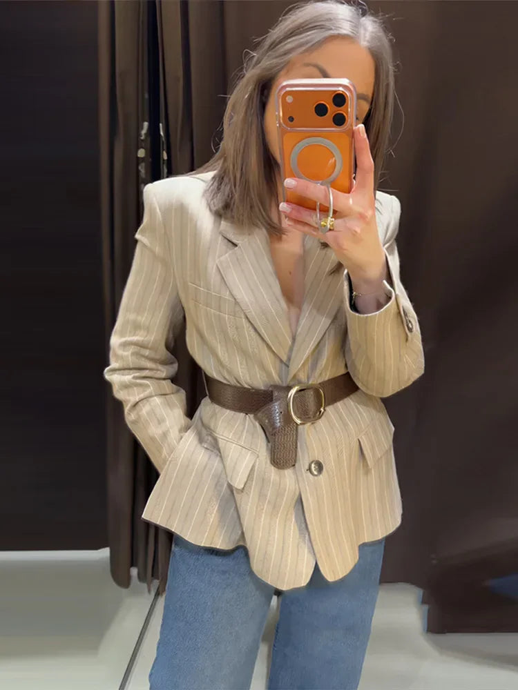 Women's Striped Blazer Belted Single Breasted Long Sleeve Lapel Neck Coat 2026 Female Casual Daily Commute Office Fashion Jacket