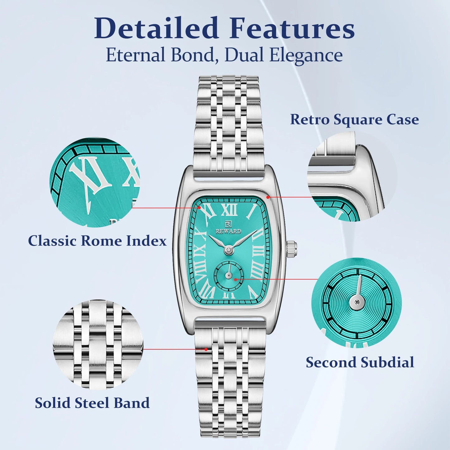 REWARD Luxury Elegant Rectangle Ladies Watch Waterproof Luminous Watch for Woman Stainless Steel Quartz Women's Watches with Box