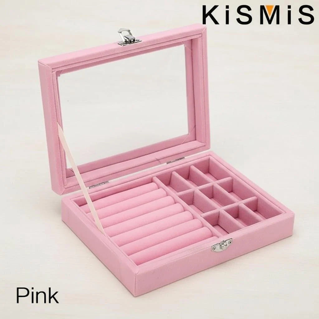 Velvet Jewelry Organizer Box with Clear Lid Dust-Proof Storage Tray for Rings Earrings Multi-Piece Display Holder
