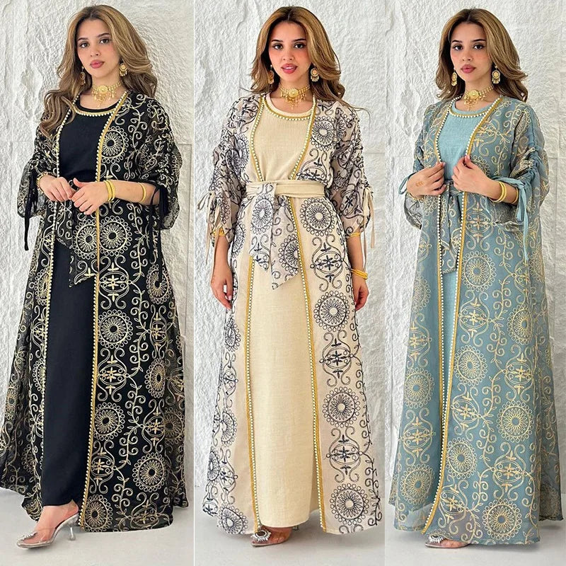 Jalabiya Muslim Dress Middle East Woman Robe Two-piece Set Saudi Arabia Dubai Abaya  Evening Dresses Real Picture