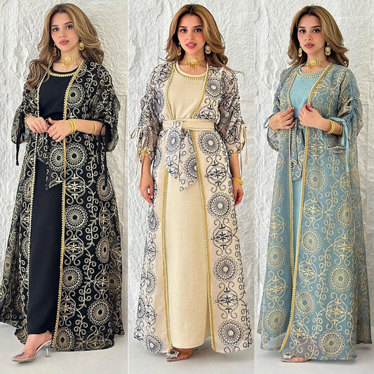Jalabiya Muslim Dress Middle East Woman Robe Two-piece Set Saudi Arabia Dubai Abaya  Evening Dresses Real Picture