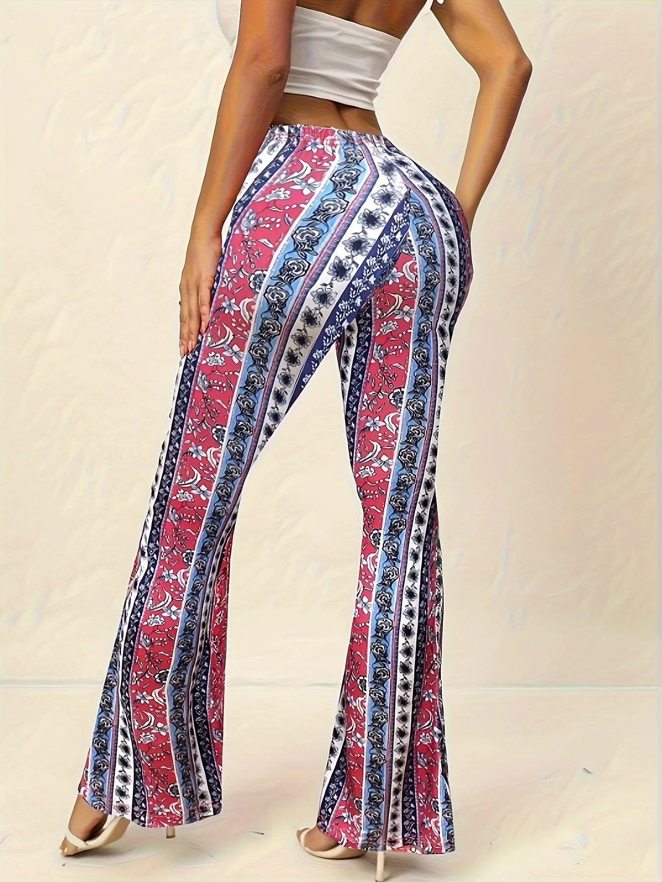 Ladies' Elegant Floral Print Flared Pants Casual Leggings Fashionable Women's Comfortable Trousers