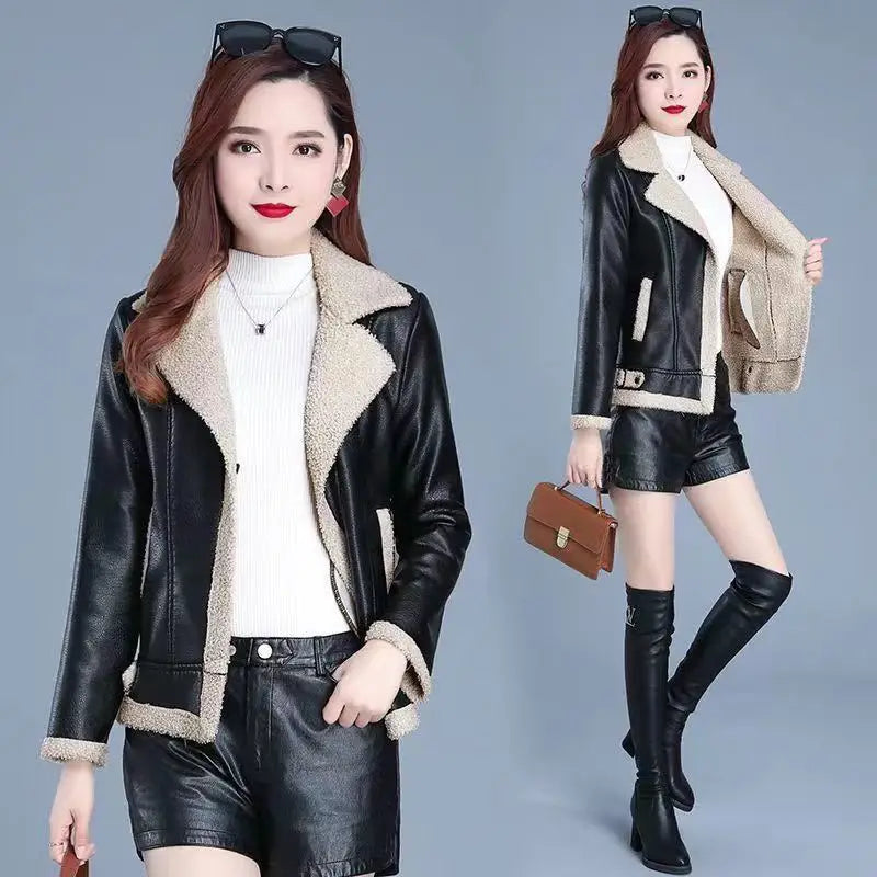 Women's Leather Coat Women's Autumn Winter New Motorcycle Short Fashion Leather Jacket Comfortable Warm Casual Solid Color Coat