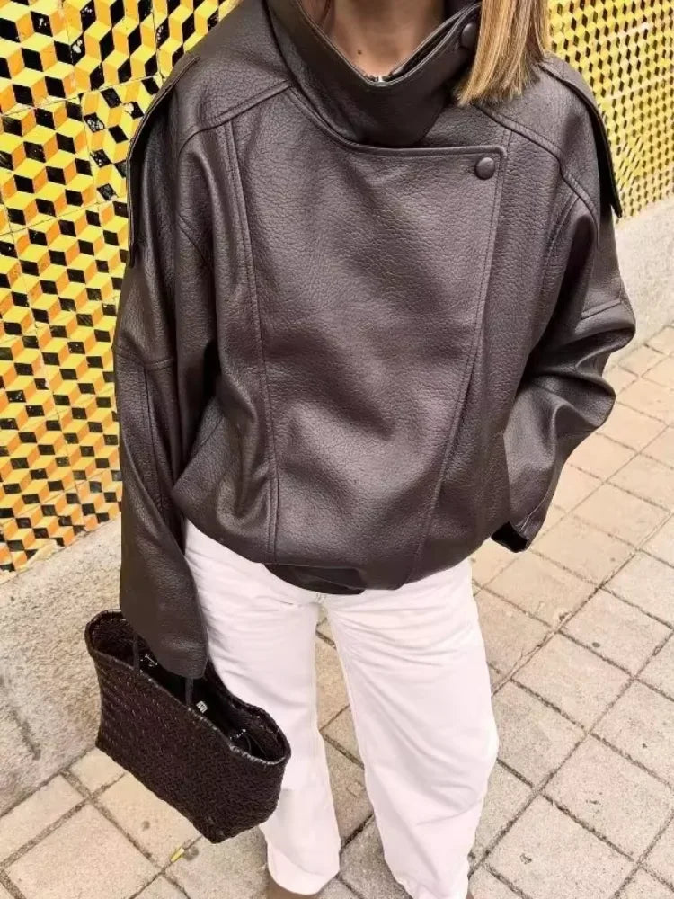 Fashion Stand Collar Leather Jacket Women Solid Long Sleeve Lapel Zipper Loose Bomber Coat 2026 Lady Spring Autumn Outerwear