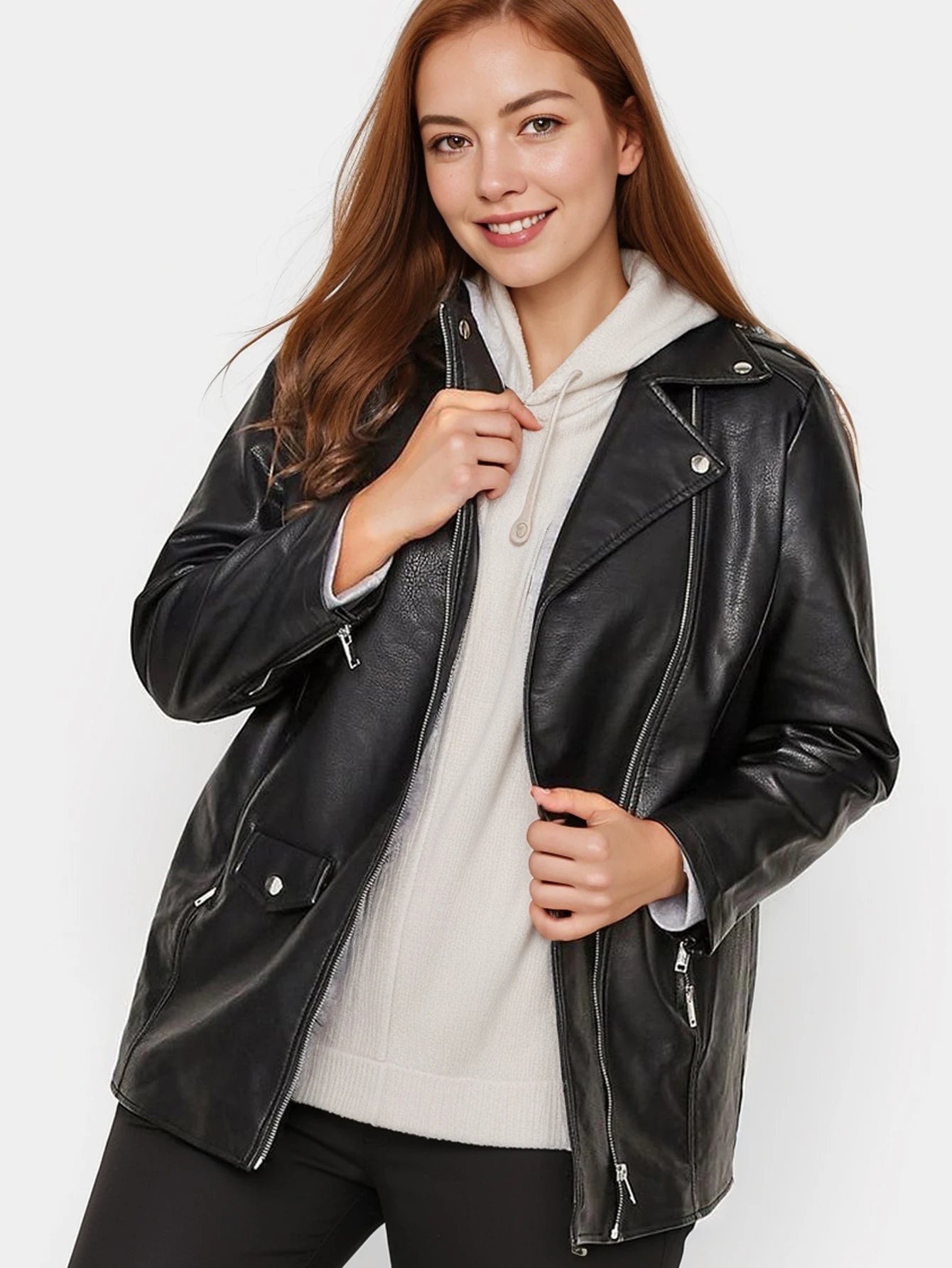 Plus Size PU Leather Zipper Jacket, Casual Long Sleeve Lapel Jacket For Fall, Women's Plus Size Clothing