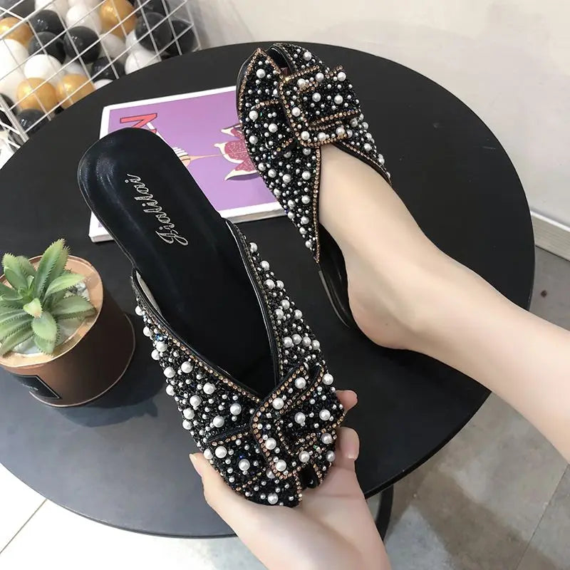 New Summer Women Crystal Slippers 2025 Girls Sweet Bows Bling Slippers Closed Toe Slip On Mules Shoes Casual Slides Flip Flop
