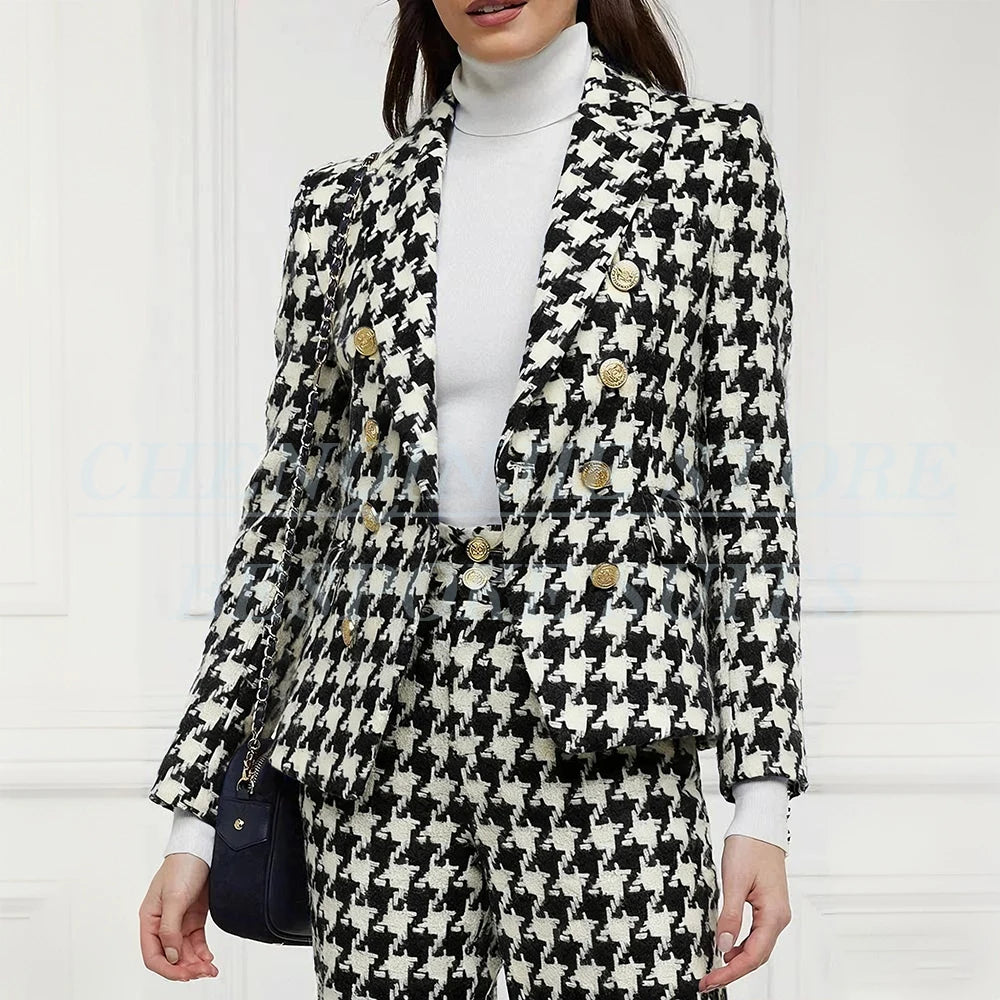 Luxury Double Breasted Women Suits Blazer Peak Lapel Houndstooth Outerwear Elegant Female 2 Piece Jacket Pants Sets Clothing