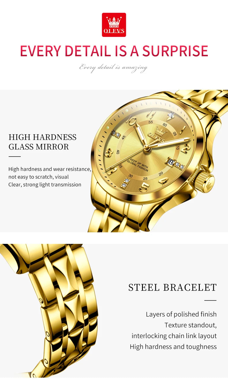 OLEVS 2910 Gold Luxury Brand Women's Watches Waterproof Luminous Wristwatch Date Original Certified Brand Quartz Watch for Lady