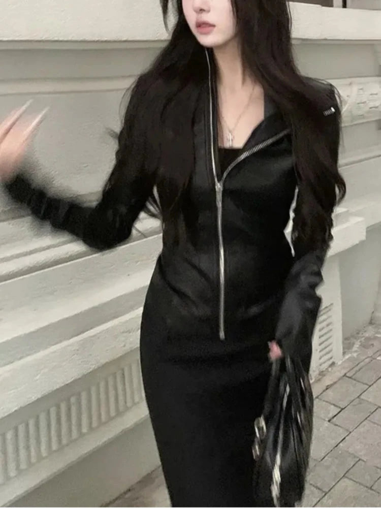 Black Slim Long Sleeve Leather Jacket Women Darkly Gothic Zipper Thin Skinny Coat Female Hepburn Y2k Vintage Clothes Hot Girl