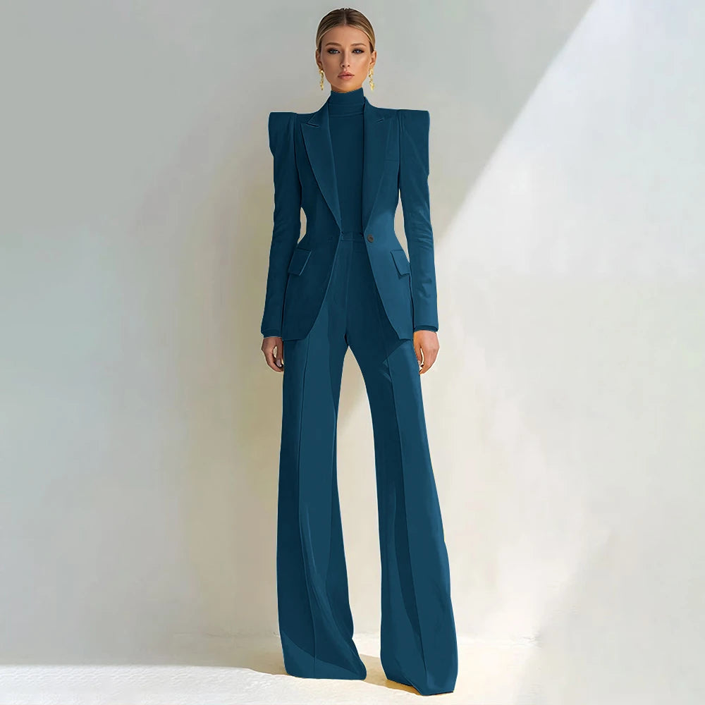 Professional Women's Red Suit Peaked Lapel Single Button Female Elegant Blazer and Flared Pants 2Piece Set Formal Office Wear