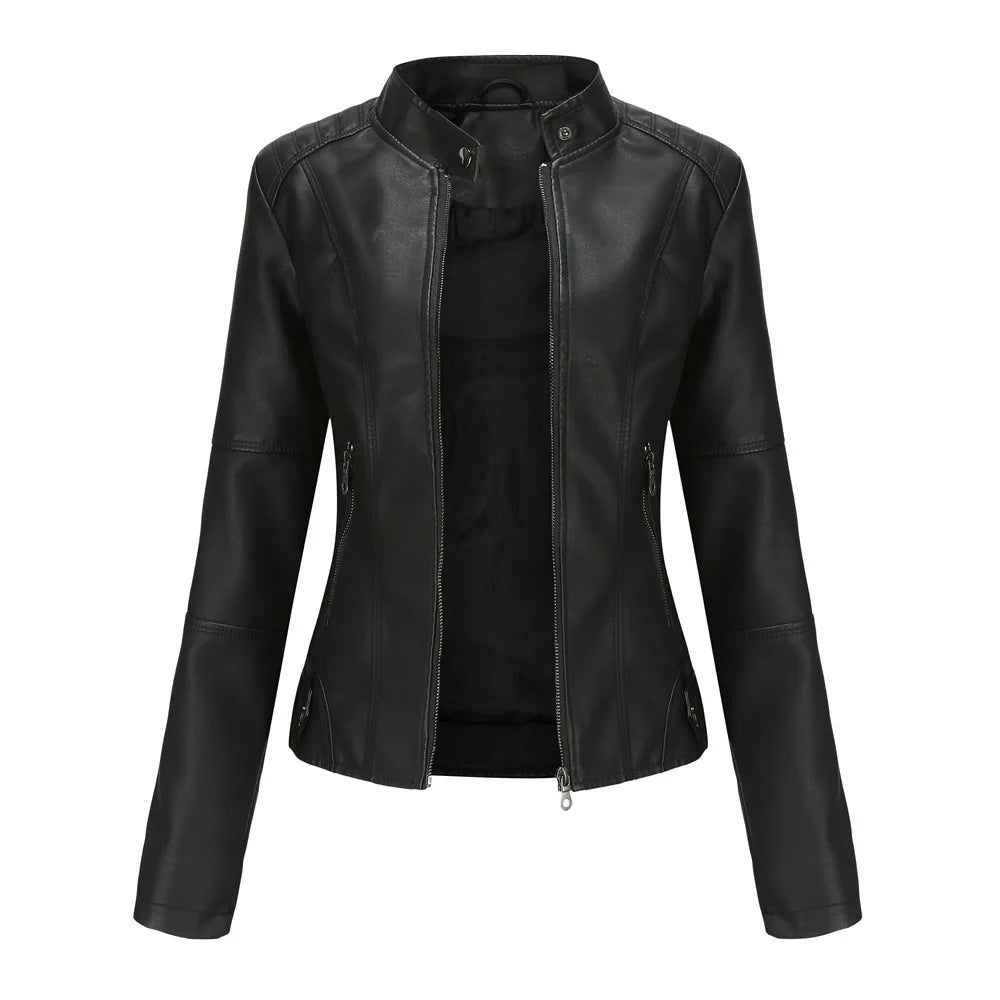 Women's Red PU Jacket, Vertical Collar Zipper Motorcycle Leather Coats,  Fashion Casual Coat Female Outerwear, Black Purple Top.