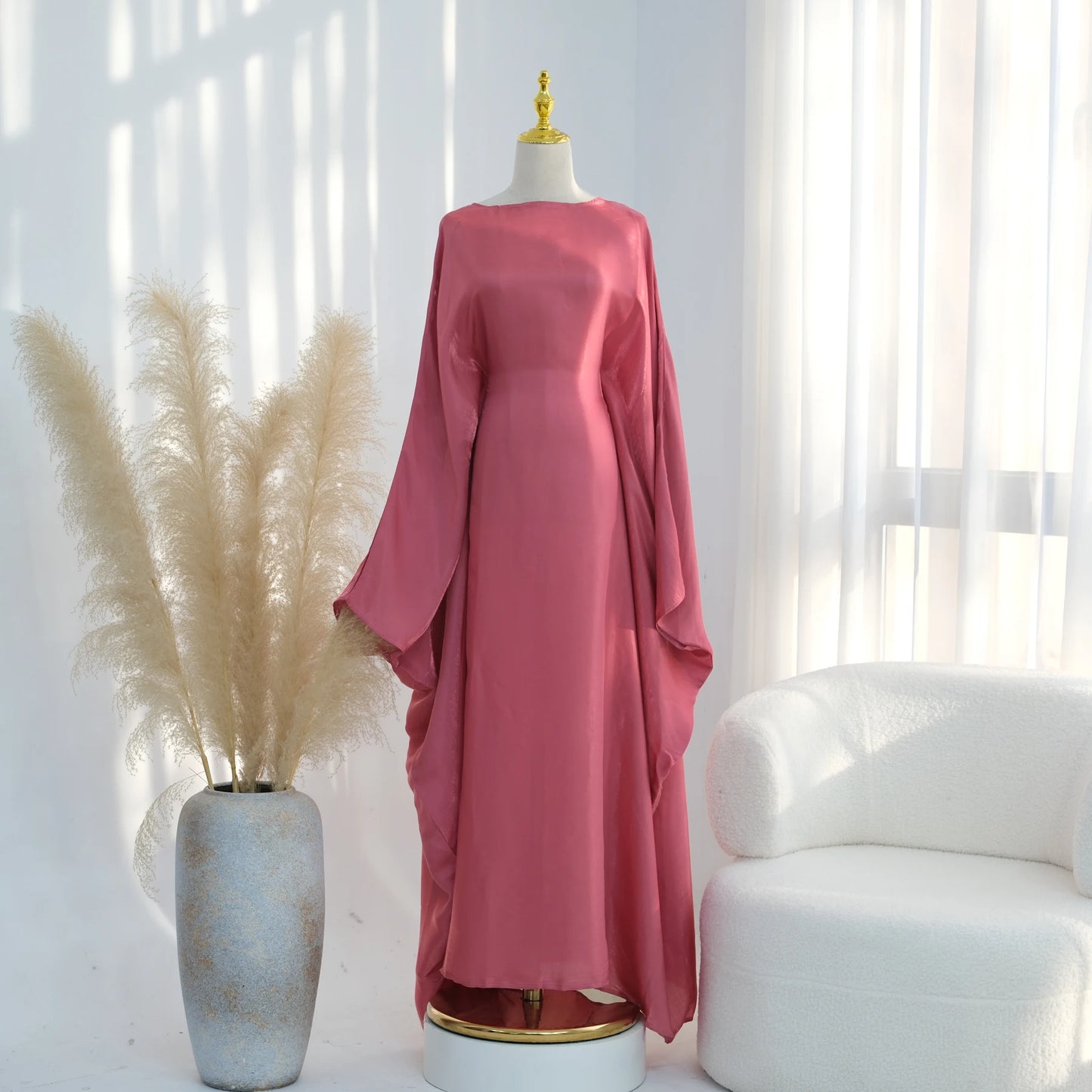 Ramadan Eid Evening Party Shiny Kaftan Dress for Women, Butterfly Sleeves Round Neck Muslim Women Abaya Dubai Islamic Clothing