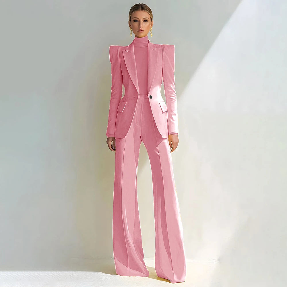 Professional Women's Red Suit Peaked Lapel Single Button Female Elegant Blazer and Flared Pants 2Piece Set Formal Office Wear