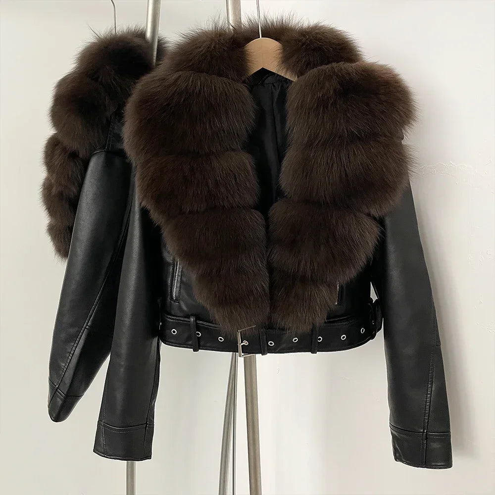 Natural Fox Fur Real Fur Coat Faux PU Leather Jacket Female New Autumn Short Top Clothing Women Long Sleeve Fake Leather Coat