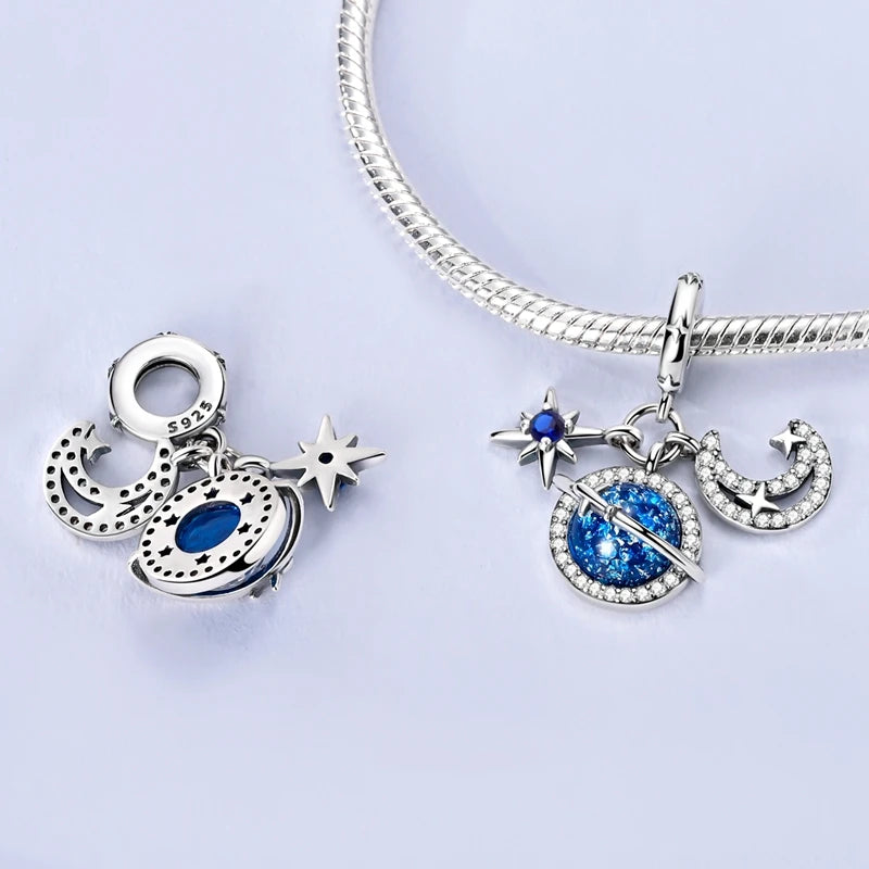925 Sterling Silver Charm Pendant Star Moon Sun Starry Sky Beaded Charm Fit Original Bracelet DIY Fine Jewelry Making For Women