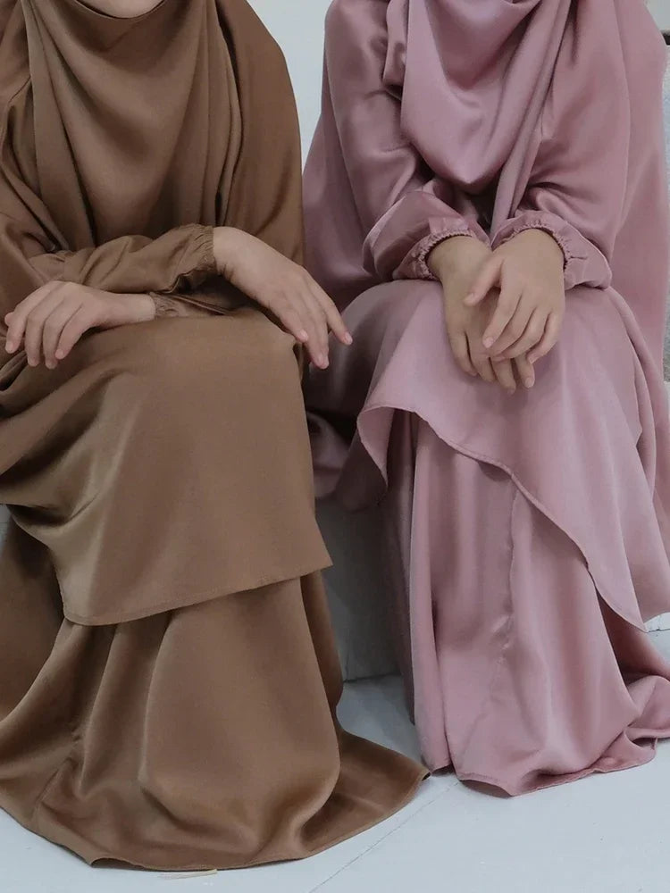 Eid Muslim Long Khimar Dress Kids Girls Abaya Long Khimar Set Prayer Garment Ramadan Dresses 2 Piece Jubha Robe Caftan Jilbab