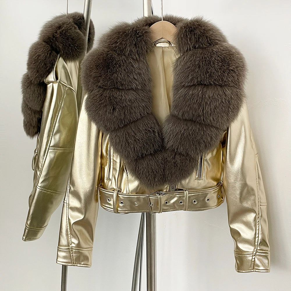 Natural Fox Fur Real Fur Coat Faux PU Leather Jacket Female New Autumn Short Top Clothing Women Long Sleeve Fake Leather Coat