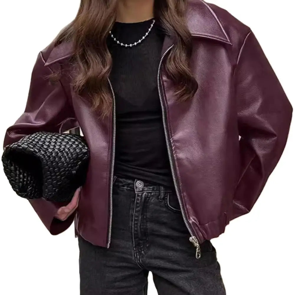 Autumn Women Casual Loose Motorcycle Jacket Turn Down Collar Long Sleeve PU Leather Zip Bomber Coats FYY-500
