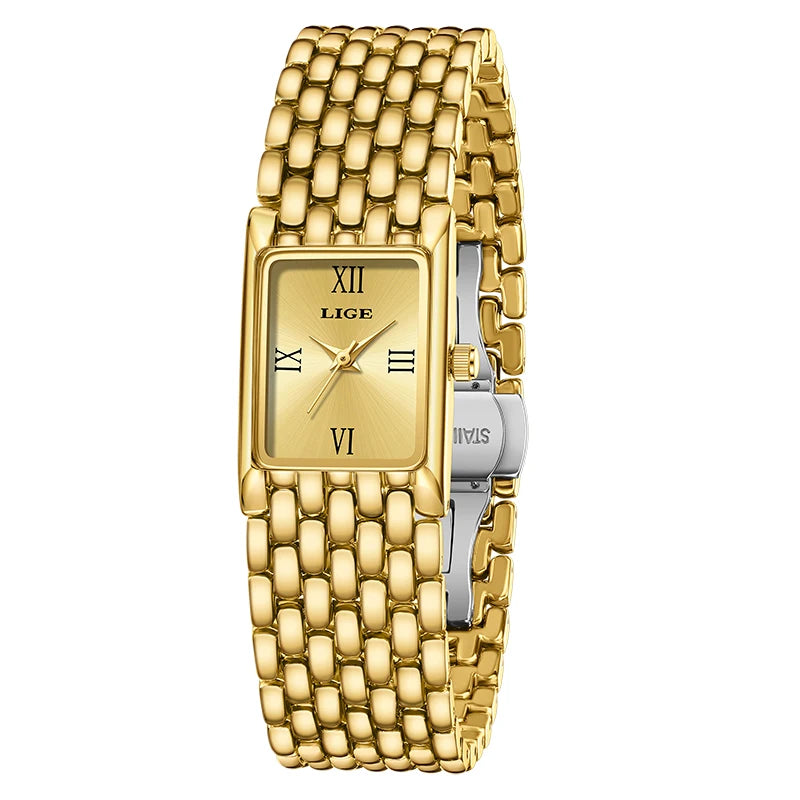 LIGE Watch Women Fashion Casual Luxury Womens Waterproof Square Dial Steel Belt Quartz Wrist Watches Christmas Gifts Reloj Mujer