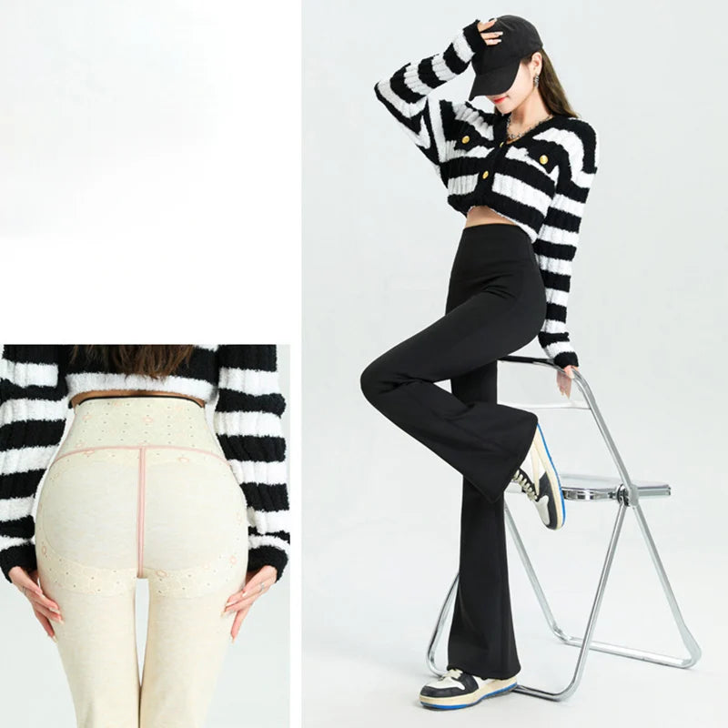 Women Gym Fitness Flared Leggings Waist Cinched Slimming Fleece Yoga Pants Woman Fall Winter Elegant Pilates Dance Casual Pants