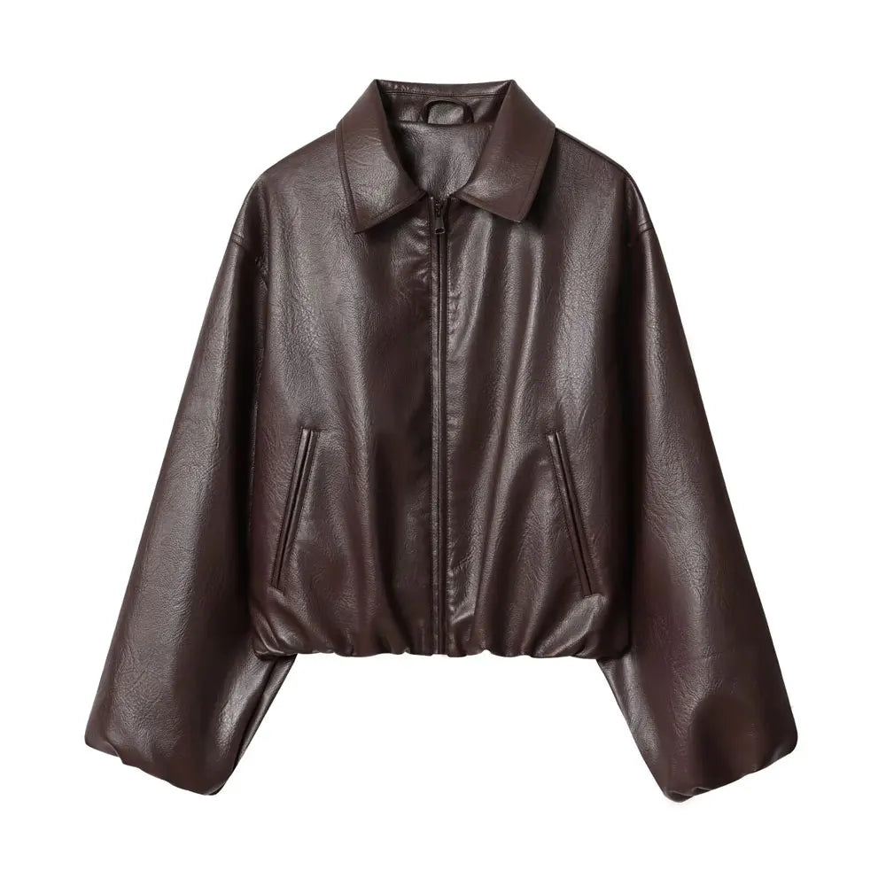 Women's Faux Leather Bomber Jacket Long Sleeve Chic Outerwear Elastic Hem Female Fashion Top